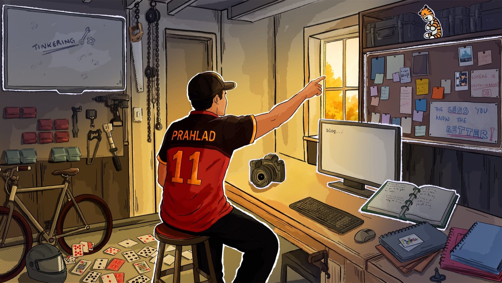 Comic-style workshop scene with Prahlad at a desk pointing toward a sunset window.